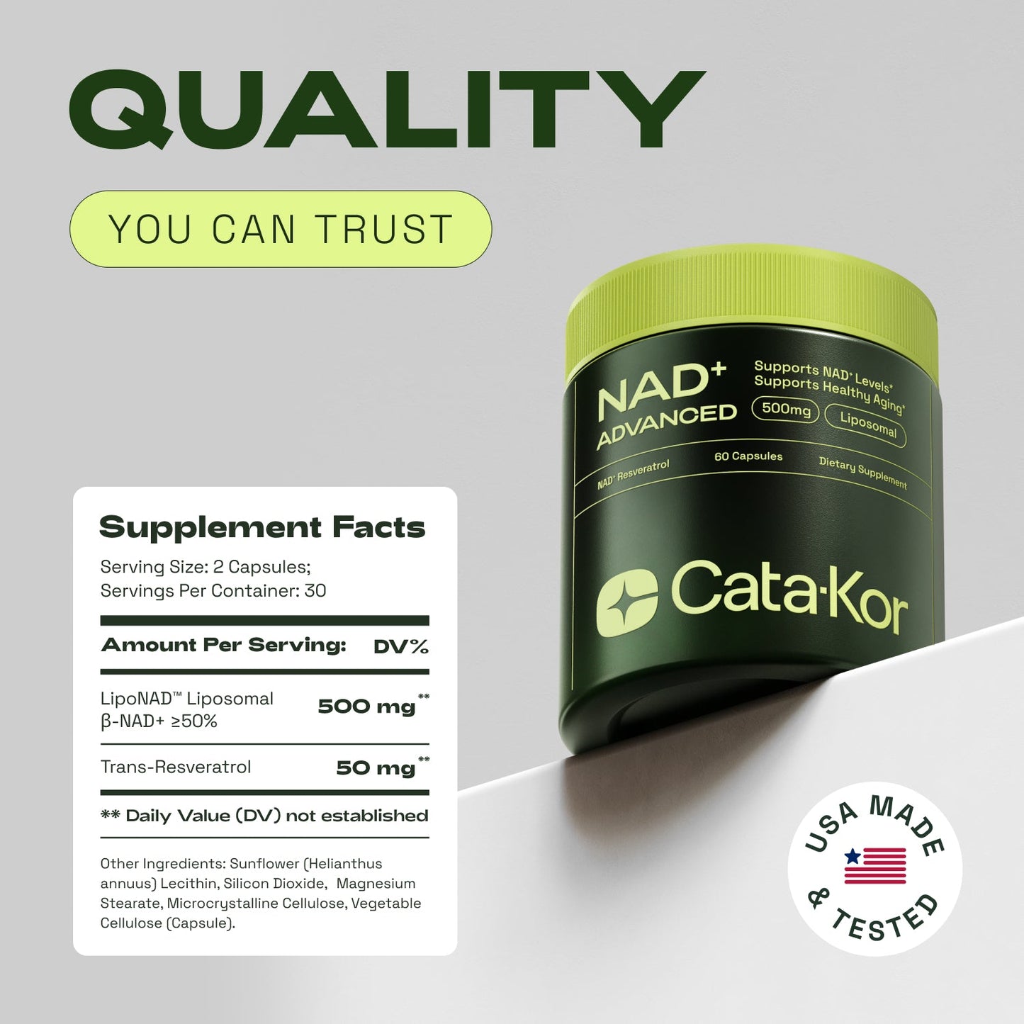 Cata-Kor NMN Supplement Alternative - Liposomal NAD Supplement 500 mg with Resveratrol - High Purity NAD Supplement for Anti-Aging, Energy Supplements, Focus - 60 Capsules