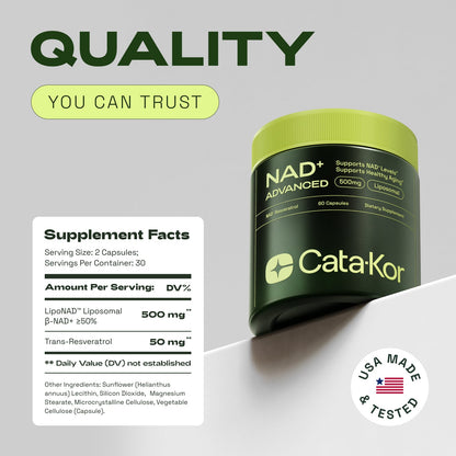 Cata-Kor NMN Supplement Alternative - Liposomal NAD Supplement 500 mg with Resveratrol - High Purity NAD Supplement for Anti-Aging, Energy Supplements, Focus - 60 Capsules